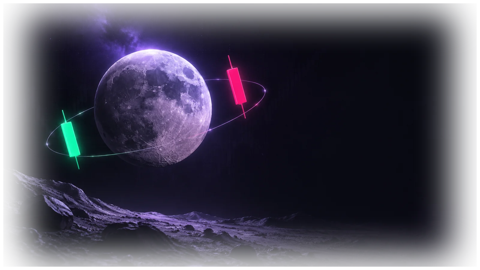 A full moon with one mint up-candle and one pink down-candle in orbit — Up or Down betting on Moon.com