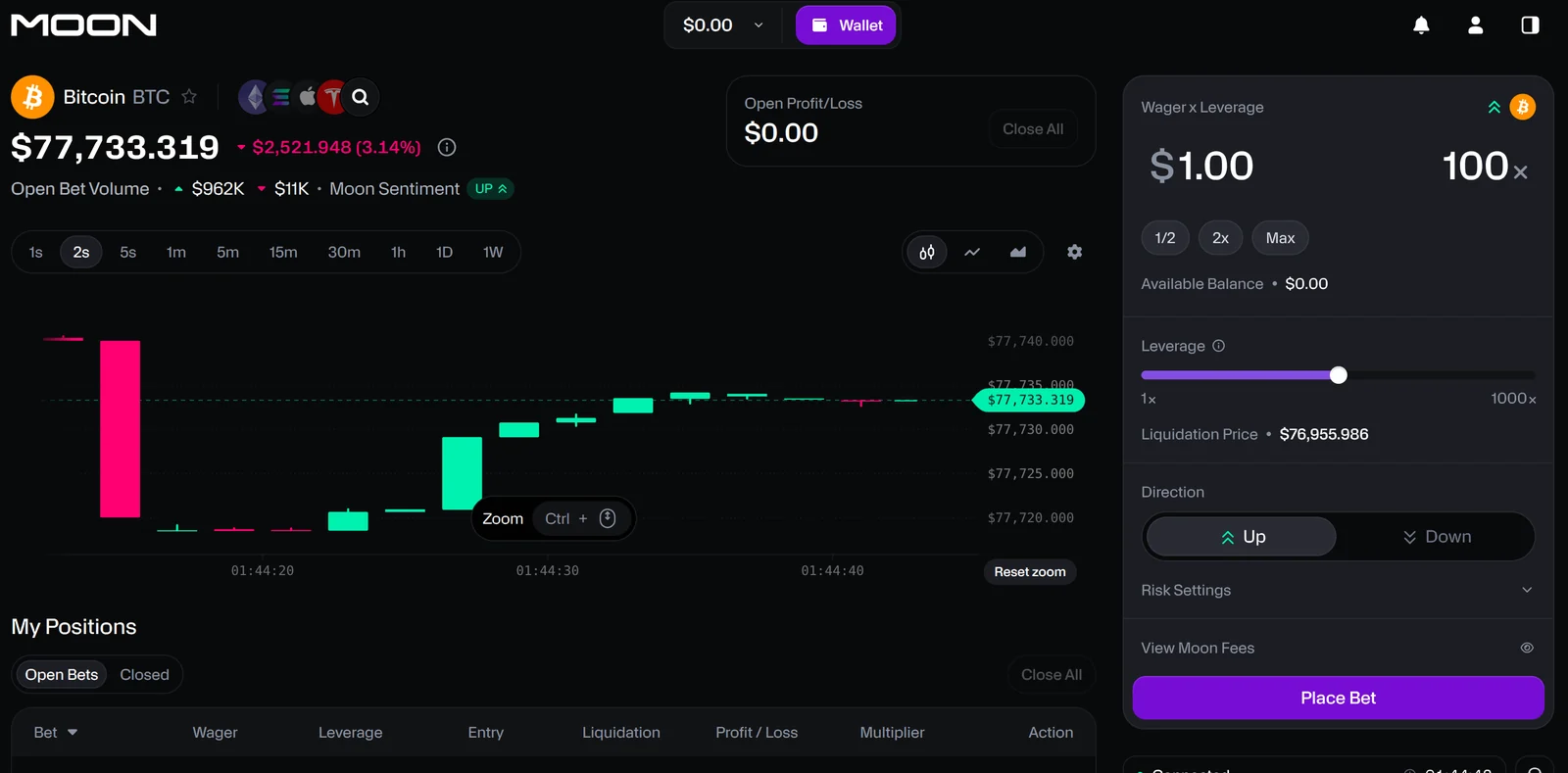 Moon.com desktop interface: BTC price chart, wager and leverage panel with Up and Down buttons