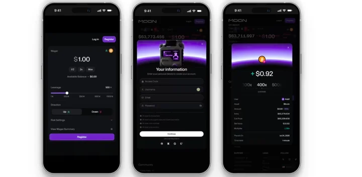 Moon.com on mobile: asset list and the wager panel